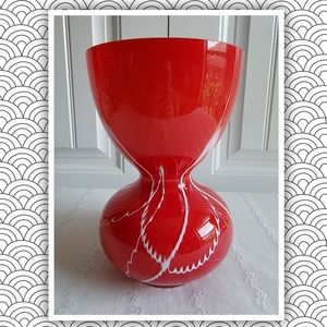 large vintage BX art glass red and white hour glass shaped vase